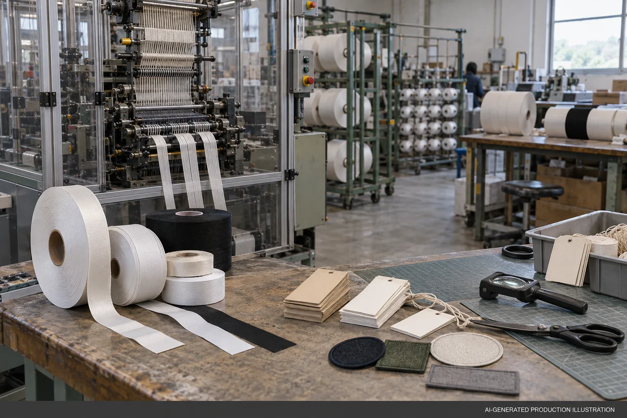 Garment Labels & Trims production concept. AI-generated production illustration — not a photograph of our factory.