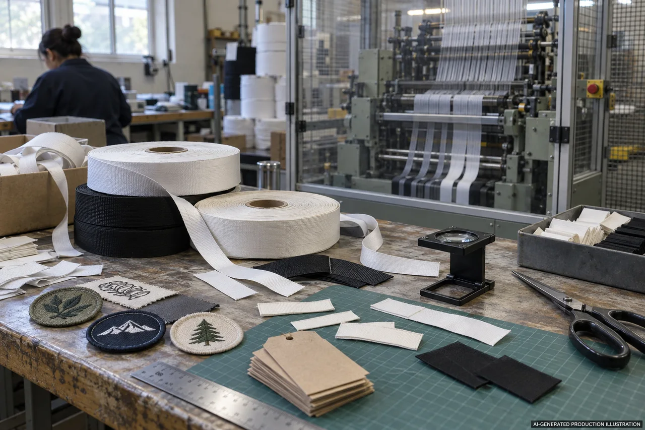 Garment Labels & Trims — Material and specification review. AI-generated illustration, not an actual factory photograph.