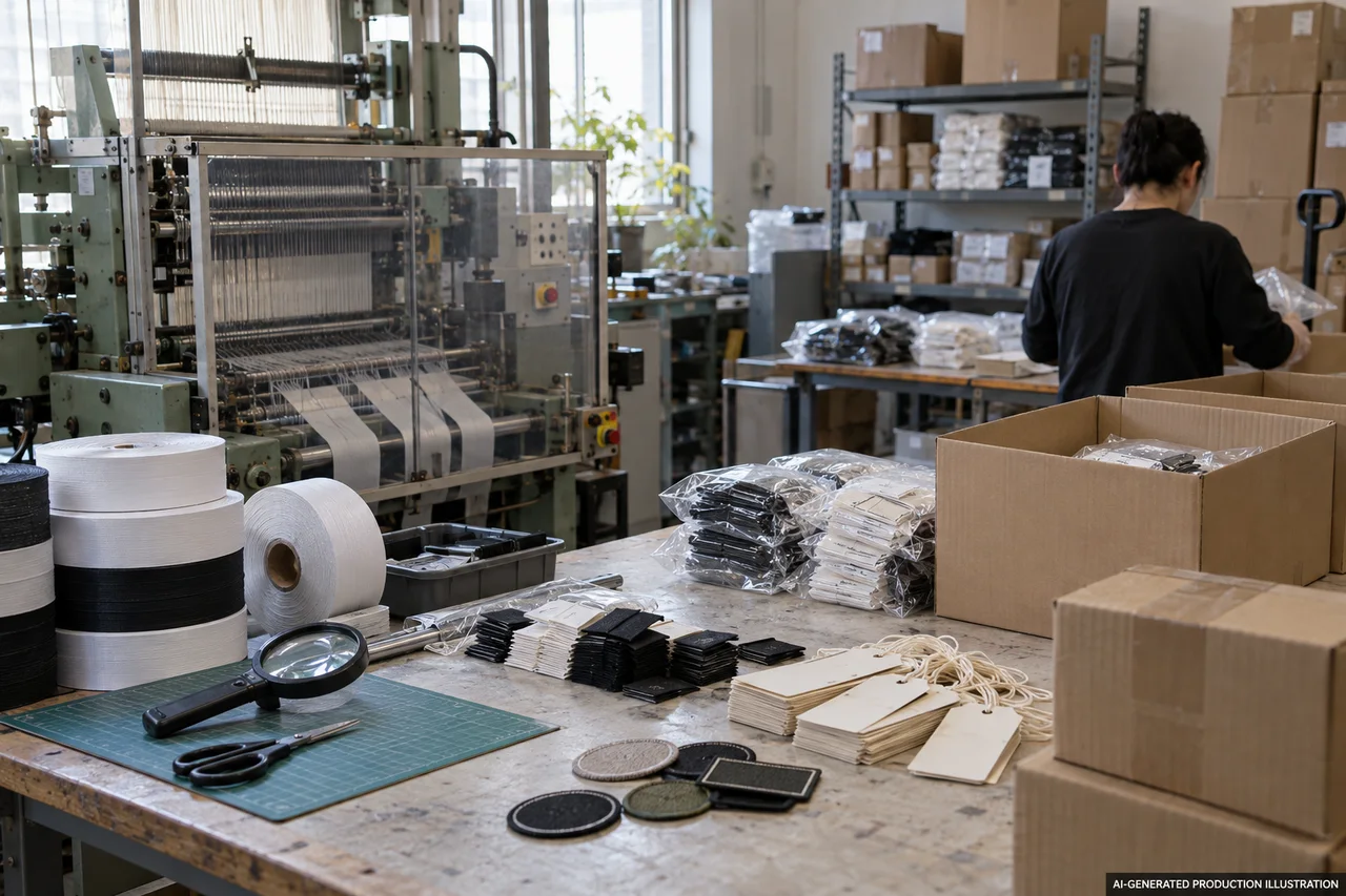 Garment Labels & Trims — Packing and dispatch planning. AI-generated illustration, not an actual factory photograph.