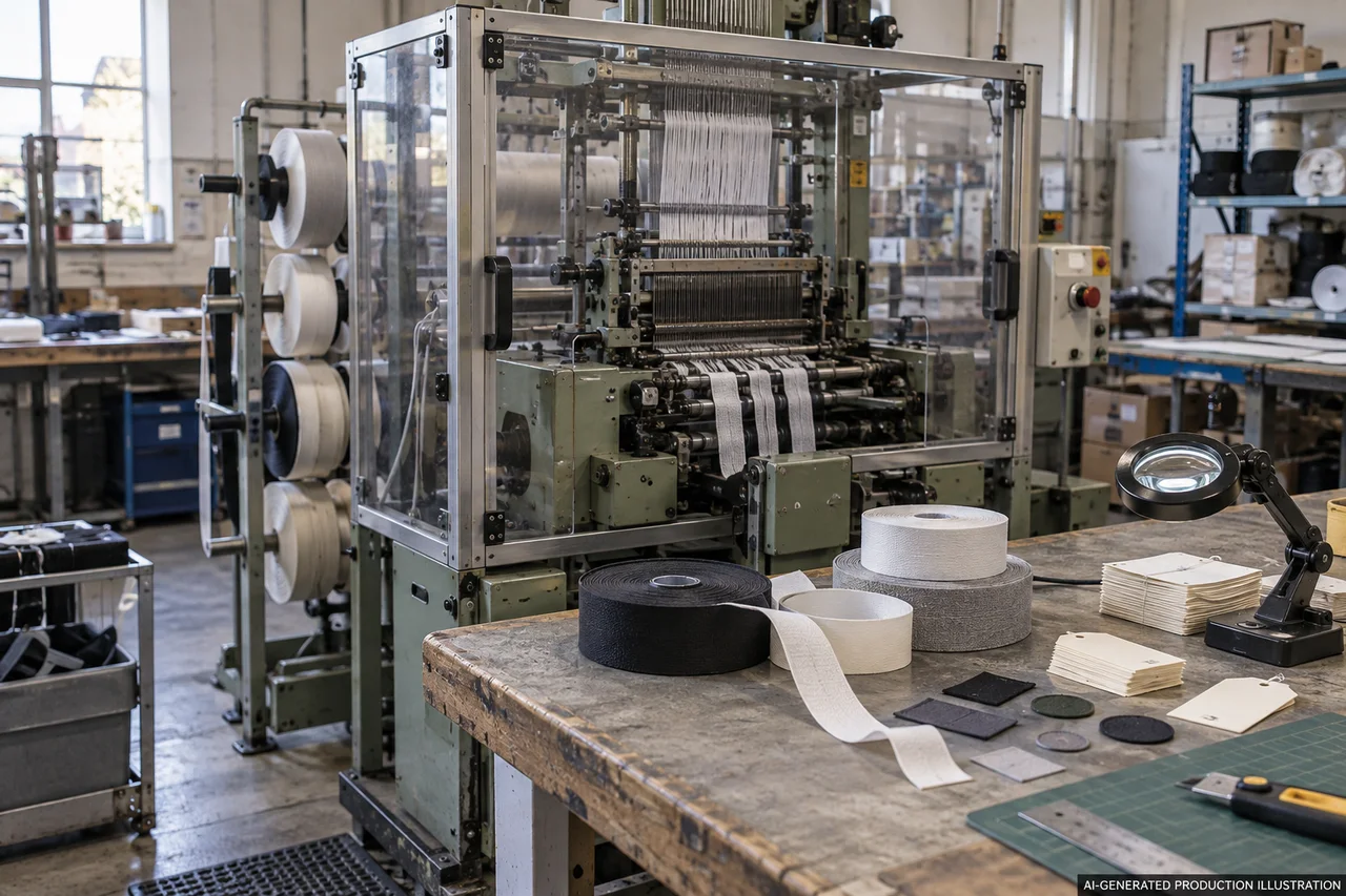 Garment Labels & Trims — Illustrated production route. AI-generated illustration, not an actual factory photograph.